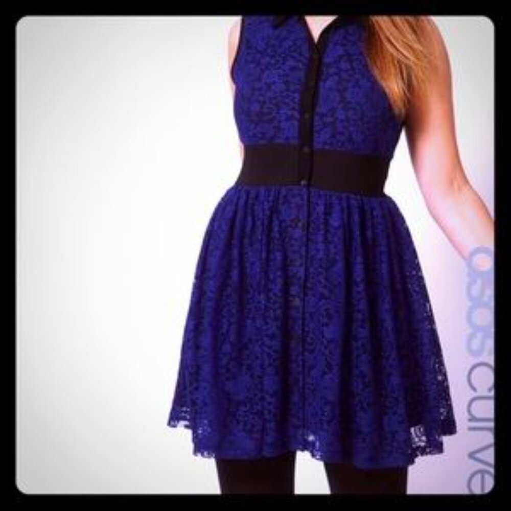 ASOS curve navy blue lace dress, button front, black collar mini size 18